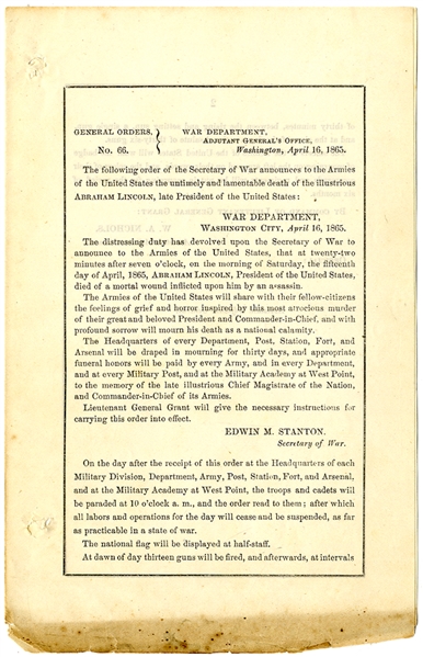 Stanton Announces Lincoln’s Death to The Armies of the United States