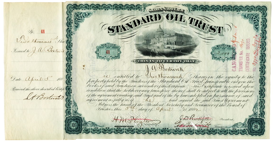 STANDARD OIL TRUST SIGNED BY ROCKEFELLER, FLAGLER – ISSUED TO AND SIGNED THREE TIMES BY JABEZ A. BOSTWICK