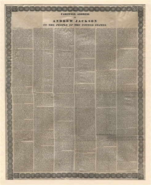 A Superb Printed Silk Broadside Of Andrew Jackson's Farewell Address