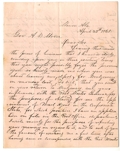 An Early Alabama Confederate Post Master's Application Letter