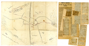 HAND-DRAWN MAP OF RAPPAHANNOCK STATION ALONG WITH 6 NEWSPAPER ARTICLES ABOUT THE BATTLE