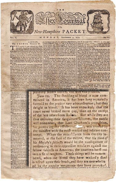 Report - Paul Revere Masthead - British Response to the Battles of Lexington and Concord in Sept. 1775 Massachusetts Newspaper