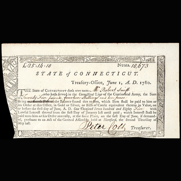 1780 Act, PETER COLT Signed Connecticut Line of the Continental Army Pay Order 