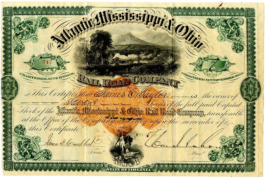 Railroad Stock Certificate Signed By Confederate General, William Mahone