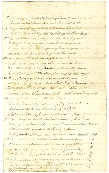 The six stanza poem, “The Wounded Soldier” is credited at the bottom of page 1, “Wm. Hinkson, Worcester, Vermont, July 9th, 1862 on Picket”.