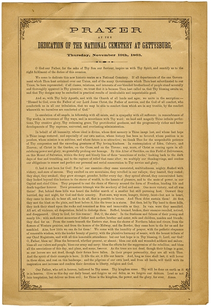 Scarce Broadside of the Opening Prayer at the Dedication of the Gettysburg Cementery