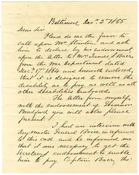 The Maryland General Asks His Senator To Influence the Secretary of War