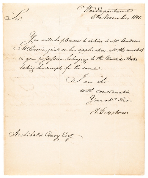 Henry Dearborn Authorizes the Transfer of a Huge Number of Army Contract Muskets