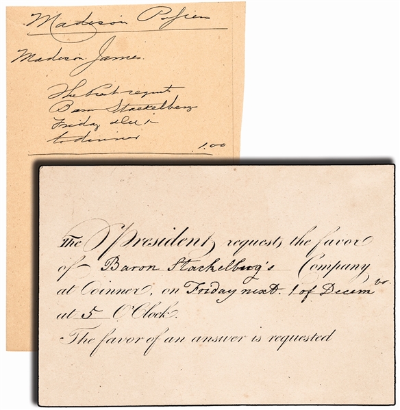 President Madison Dinner Invitation 4th President of the United States 1809-1817