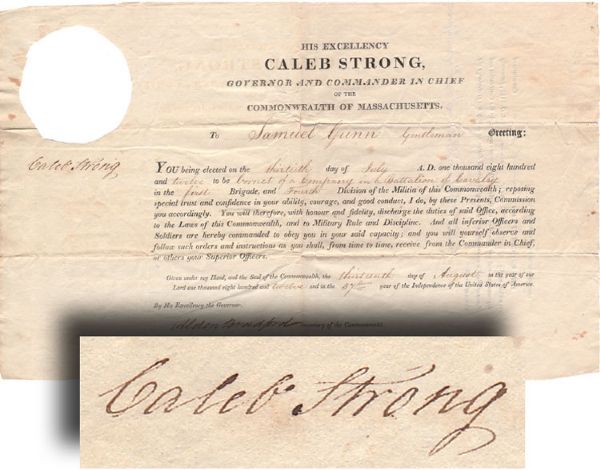 Caleb Strong Signed War of 1812 Military Commission