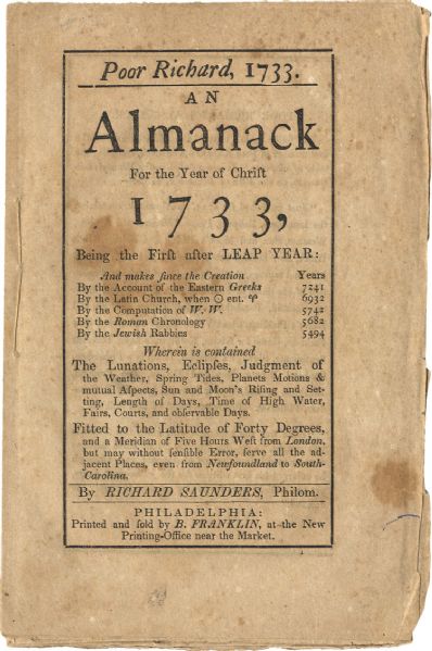 1849 Reprint of Franklin’s 1st ‘Poor Richards Almanack’