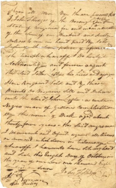 1807 Virginia Slave Bill of Sale