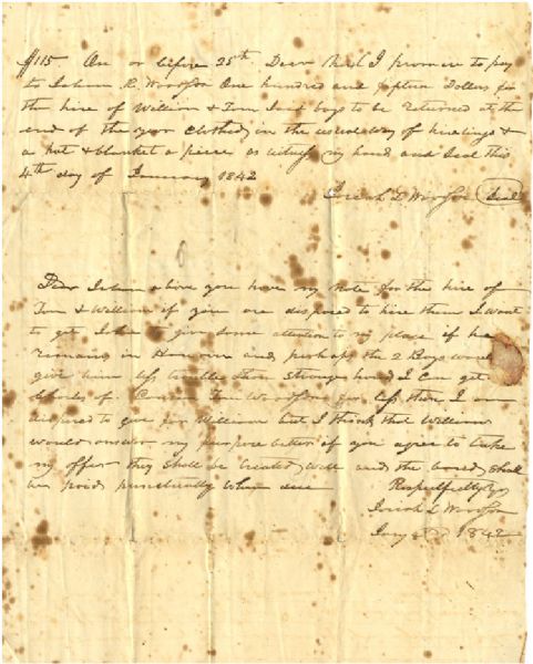 1842 Virginia Slave Hire Letter