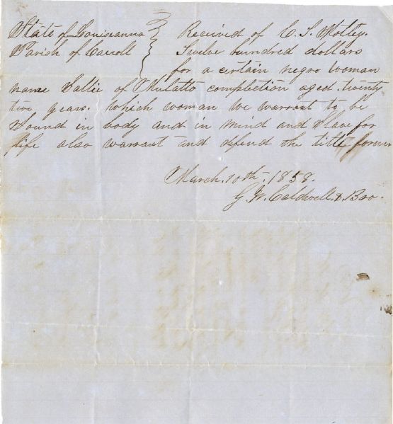 The Firm of G.W. Caldwell & Bro. Sell a Mulatto Slave