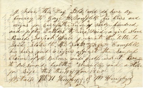 Tennessee Slave Bill of Sale
