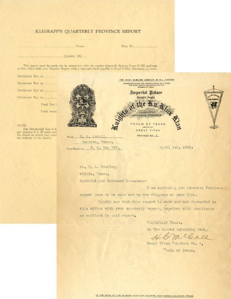 Letter Signed by Klan Leader Pertaining to KKK Business
