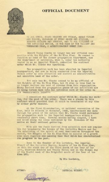 1923 Klan Broadside Speaks of Funds “... for broadening the bounds of the Invisible Empire and for the upbuilding of the spirit of real Americanism throughout the nation, the Knights of the Ku Klux K
