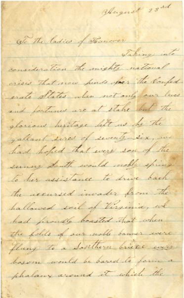 4th Virginia Cavalry Appeal to the ‘Ladies of Hanover”