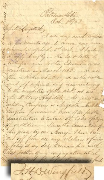 Reverend J.H.D. Wingfield of Portsmouth, Virginia, Who Was Forced to Sweep the Streets of Portsmouth for his Southern Sympathies, Writes “...the prayer for ‘health & prosperity of Lincoln’ shall neve