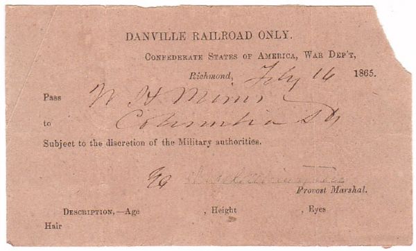 Danville Railroad Pass For Paroled Prisoner