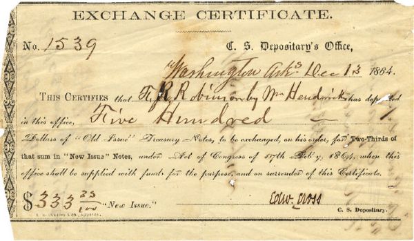 Rare Confederate Arkansas Currency Exchange Certificate