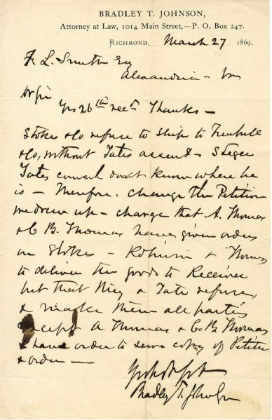 General Bradley T. Johnson Autograph Letter Signed