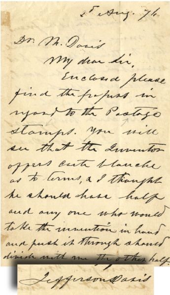 Jefferson Davis Autograph Letter Signed Regarding an Invention Related to Postage Stamps.  Davis is Trying to Find Someone to Promote it and Suggests a Profit-Splitting Arrangement Between Himself, t