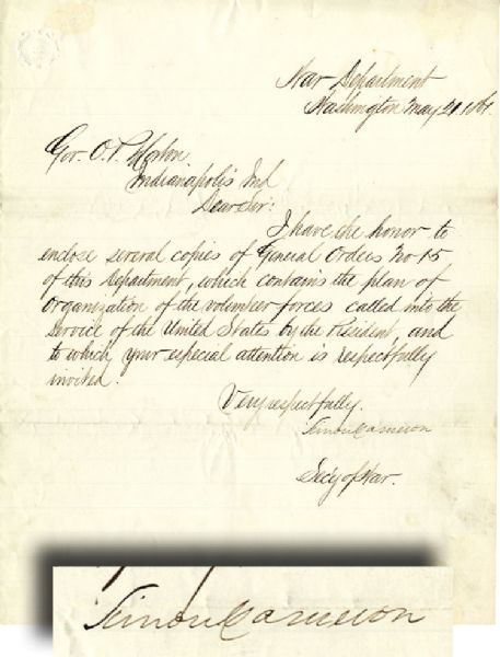 Simon Cameron Writes to Govenor Morton Pertaining to the Organization of the Volunteer Forces