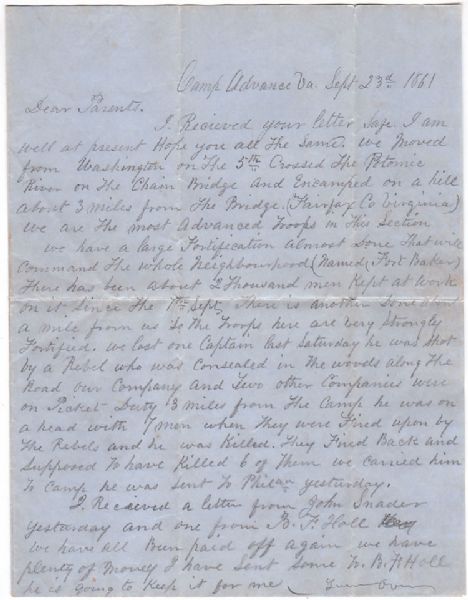 The following five lots are from the personal letter collection of Sylvester O'Dare of Philadelphia who enlisted in the 71st Pennsylvania Volunteers on May 28, 1861. Lincoln's good friend and senator