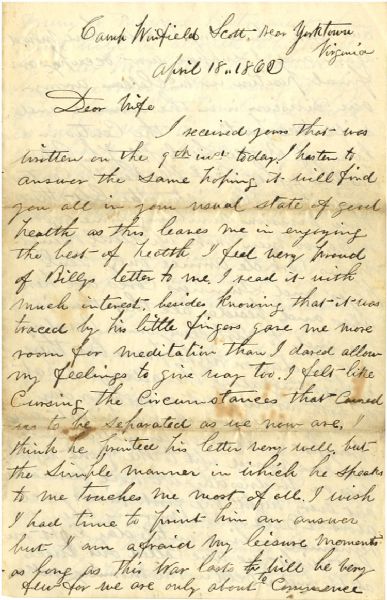 1st Mass Infantry Content Letter Before Yorktown