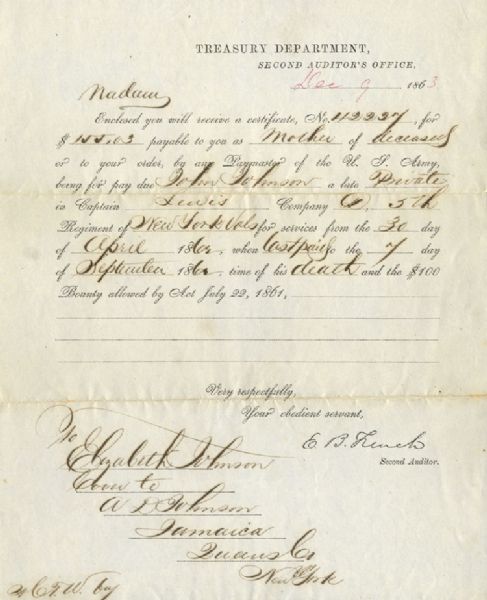 5th New York Vols Died from Wounds Received at 2nd Bull Run