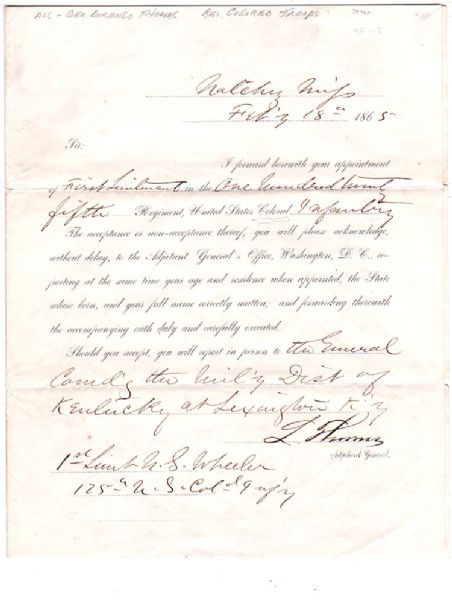 General Lorenzo Thomas Sends a Commission for an Officer in the USCT