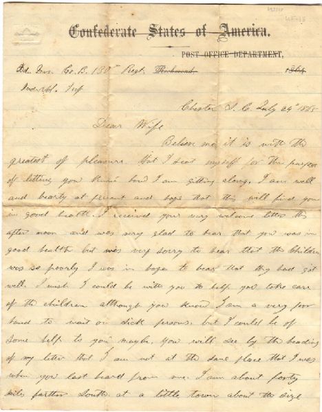 130th Indiana Infantry Letter on CSA Postal Stationary