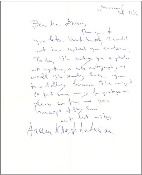 Rare Aram Khatchaturian Autograph Letter Signed in English