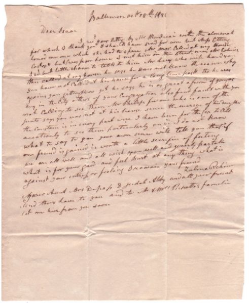 Zalma Rehine writes to his nephew Isaac Leeser.  