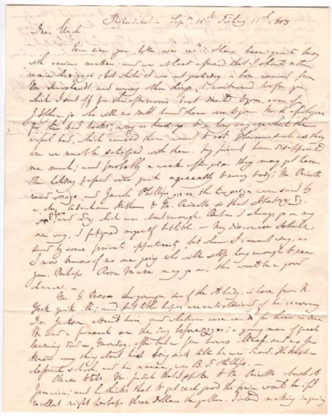 Entirely in his hand and fully signed by Isaac Leeser from Phila. Sept. 15, 5603 [1843] to his Uncle Zalma Rehine in Baltimore.  