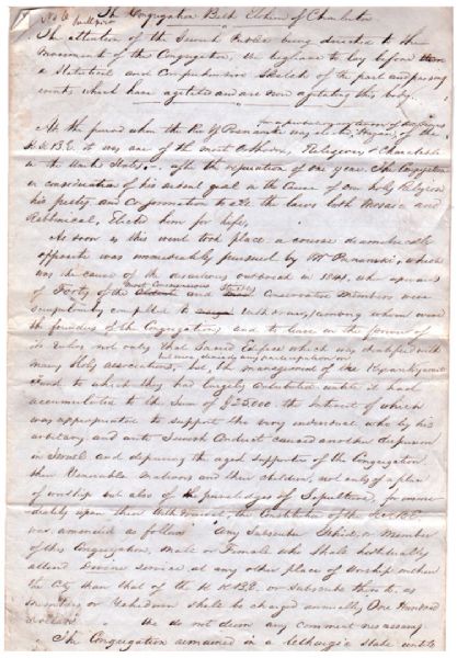 The Charleston, South Carolina congregation, one of the very earliest formed in America, in a complete state of disruption and disharmony, c 1851 ! 