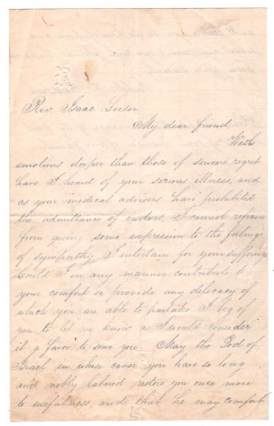 She offers condolences to her friend Isaac Leeser as he lay desperately ill (likely on his deathbed).  
