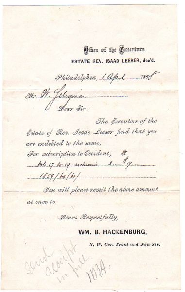 Printed invoice / broadsheet with fancy, multi style typeface “OFFICE OF THE EXECUTORS…ESTATE REV. ISAAC LEESER, Dec’d…Philadelphia.”  5 x 8.  
