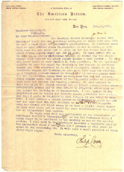 He bitterly criticizes the Jewish Publishing Society of America for not advertising in his journal !  