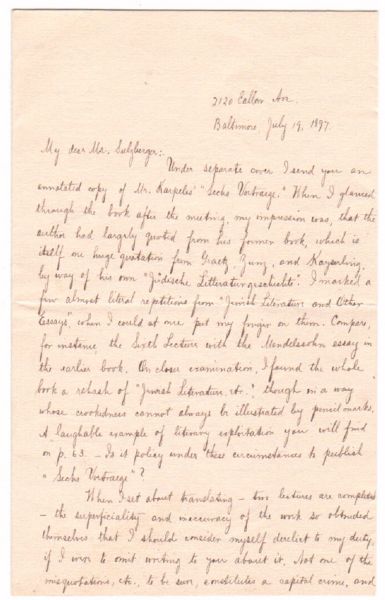 HENRIETTA SZOLD (1860-1945) lets loose with a flood of harsh, unsparing, scathing criticism of the noted German Jewish literary historian Gustav Karpeles (1848-1909), 