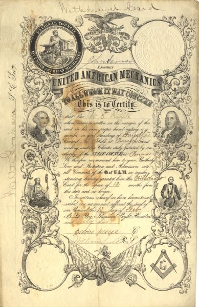 Order of United American Mechanics Membership Document