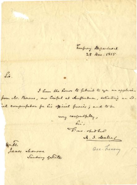 Secretary of Treasury Alexander Dallas Writes James Monroe