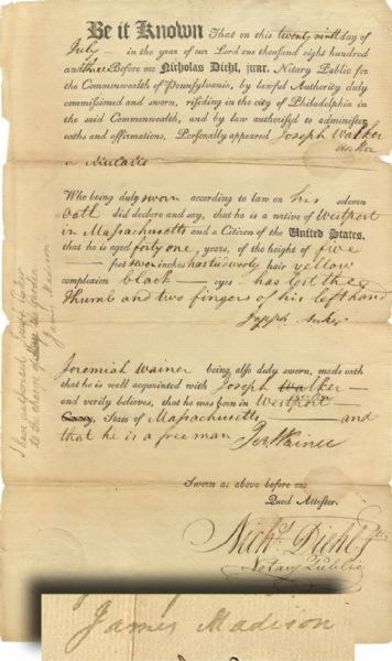 Free Man of Color Document Signed by James Madison