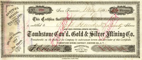 Tombstone Consolidated Gold and Silver Mining Co. Stock