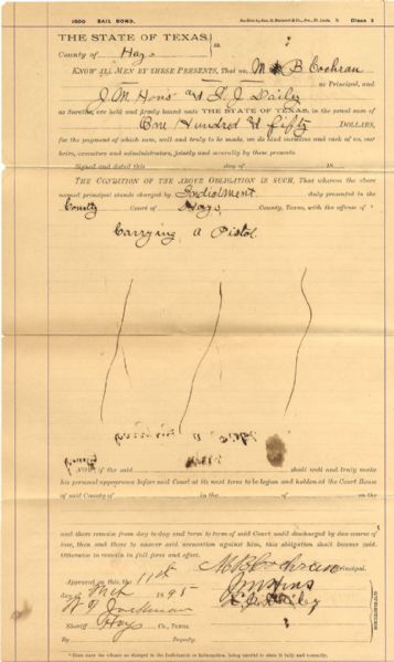 Bail Bond Signed by Sheriff Bill Jackman of Hays County, Texas