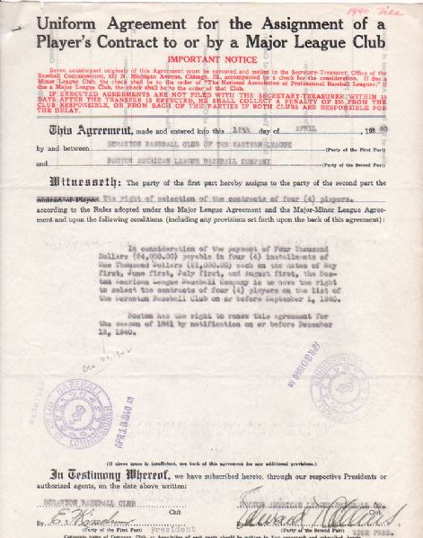 Hall of Famer Eddie Collins Signed Red Sox Contract