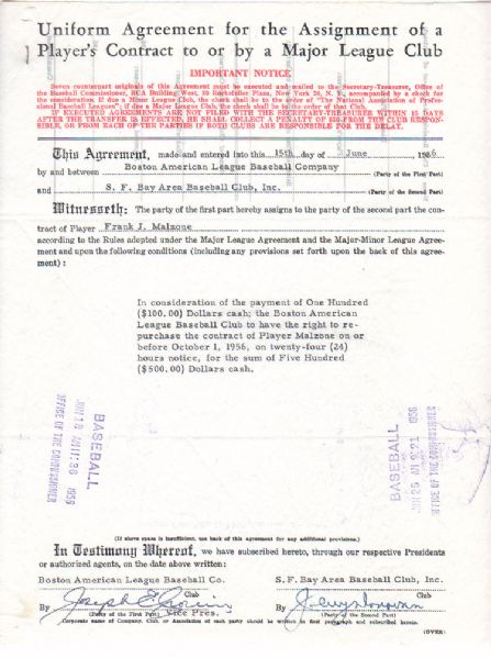 Hall of Famer Joe Cronin Signed Red Sox Contract