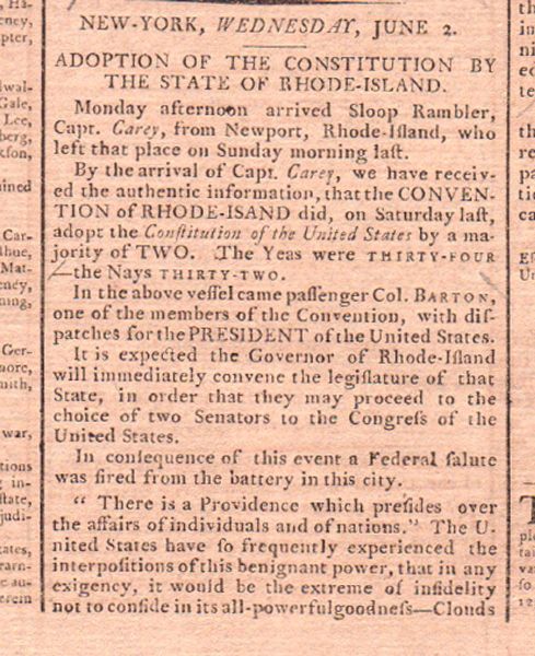 Rhode Island Ratifies the United States Constitution