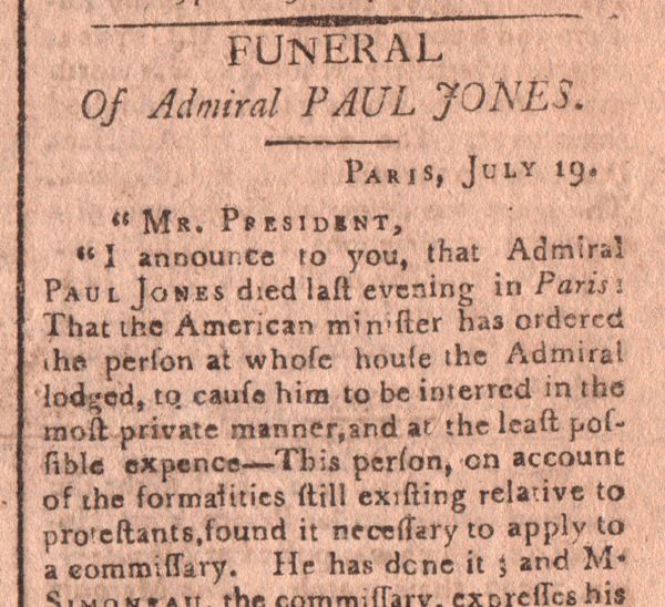 DEATH & FUNERAL OF JOHN PAUL JONES
